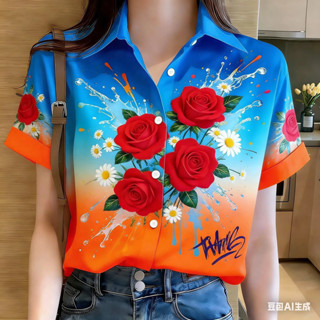 เสื้อเชิ้ตผู้หญิงสีส้ม พิมพ์ลายดอกไม้ ระบายอากาศได้ดี