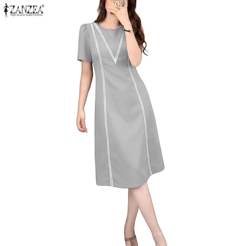 ZANZEA ชุดเดรสคอกลมแขนสั้นหรูหราเกาหลีของผู้หญิง Splicing Hollow Lace Contrast A Hem