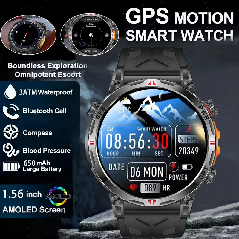 ใหม่กลางแจ้ง GPS GPT เข็มทิศสมาร์ทนาฬิกา 3ATM กันน้ําฟิตเนส Track Heart Rate BT Call Professional กี