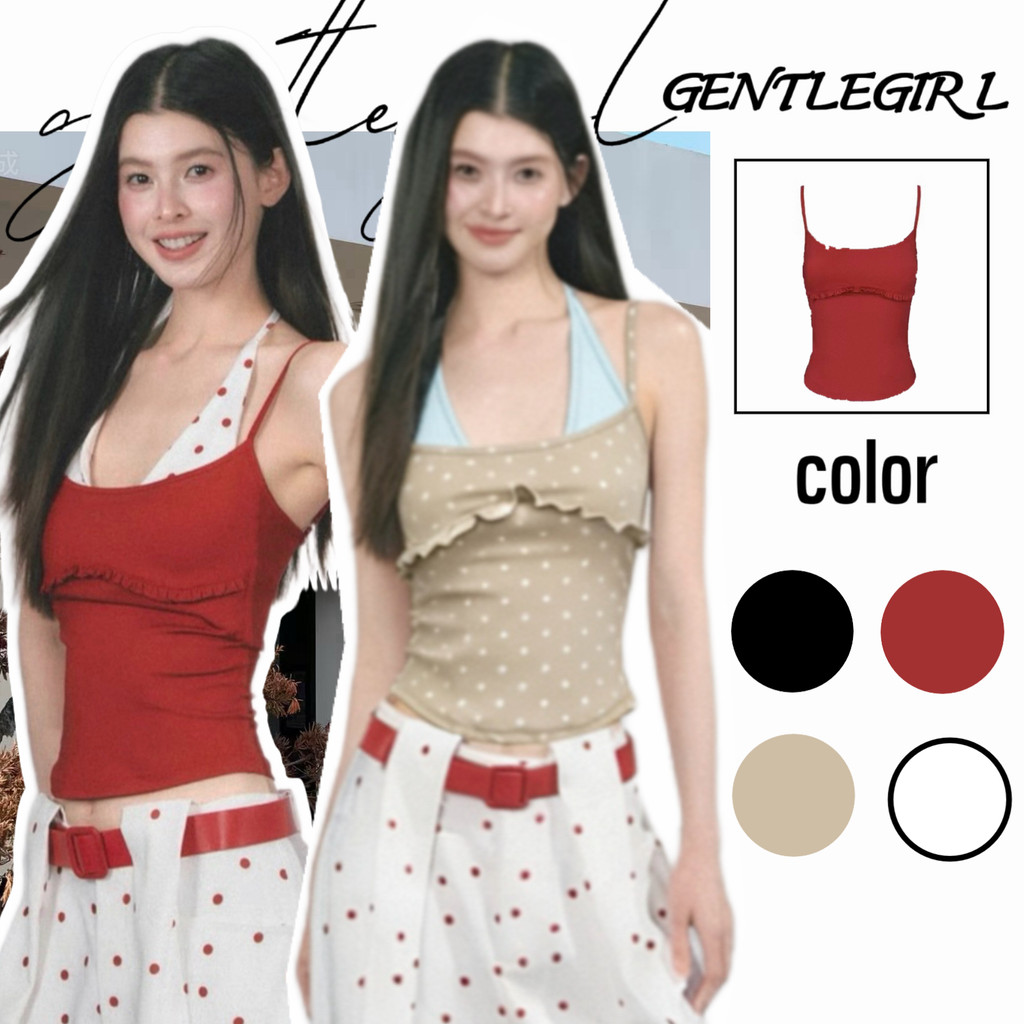 #GG🎀เสื้อสายเดี่ยวสองชิ้น ลายจุด ตกแต่งด้วยระบายที่หน้าอก และตัดเย็บให้เข้ารูปช่วงเอว