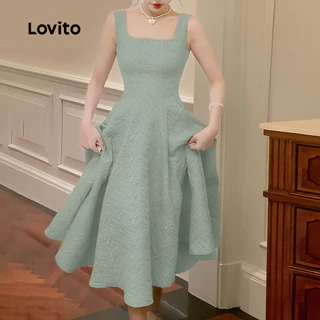 Lovito เดรสทรงสวย มีกระเป๋า ดีไซน์เรียบหรู สำหรับฤดูใบไม้ผลิ/ฤดูร้อน สีเขียว สำหรับผู้หญิง เกาหลี อินเทรนด์ L177AD106