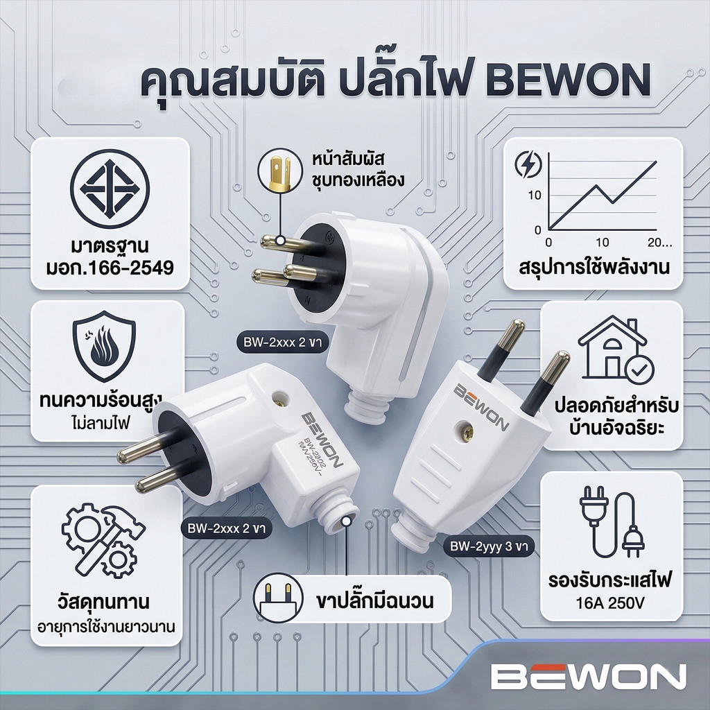 ปลั๊กตัวผู้ BEWON ปลั๊กกลม 2 ขา 3 ขา มุมฉาก รุ่น BW-2402 / BW-2503 ปลั๊กไฟ 16A 250V มีสายดิน-ไม่มีสายดิน มีมอก.