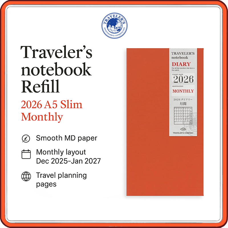 Traveler’s Notebook 2026 Monthly Planner Refill – A5 Slim | December 2025 Start | Smooth MD Paper by