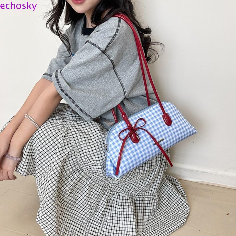 ECHOSKY ลายสก๊อต Underarm Pack, สไตล์เกาหลี PU หนัง Boston กระเป๋าสะพาย, Chic Design Sweet Bowknot Casual สีทึบผู้หญิงกระเป๋าถือ Commuting