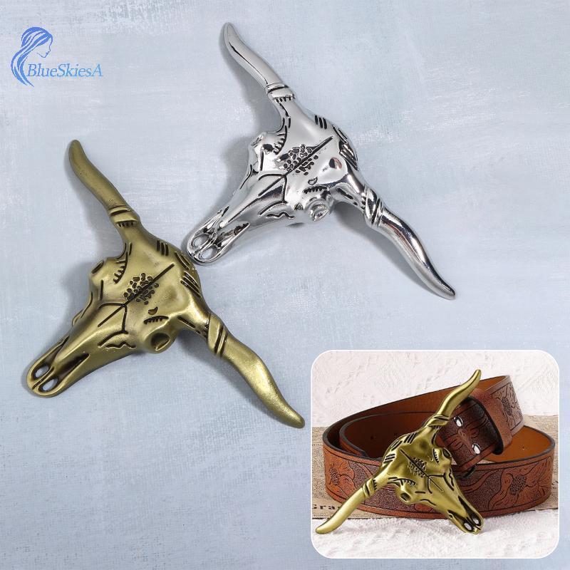 เข็มขัดสังกะสีอัลลอยด์ Western Style หัววัวคาวบอย Retro Design สีฟ้า สำหรับกางเกงยีนส์ผู้ชาย