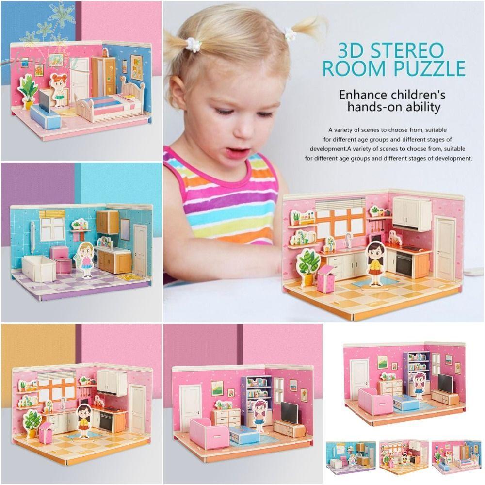 KOWEN 3D Room ของเล่นปริศนา,ของเล่นโมเดลห้องนอน 3D Room กระดาษแข็ง,น่ารักห้องนั่งเล่น Miniatures Roo