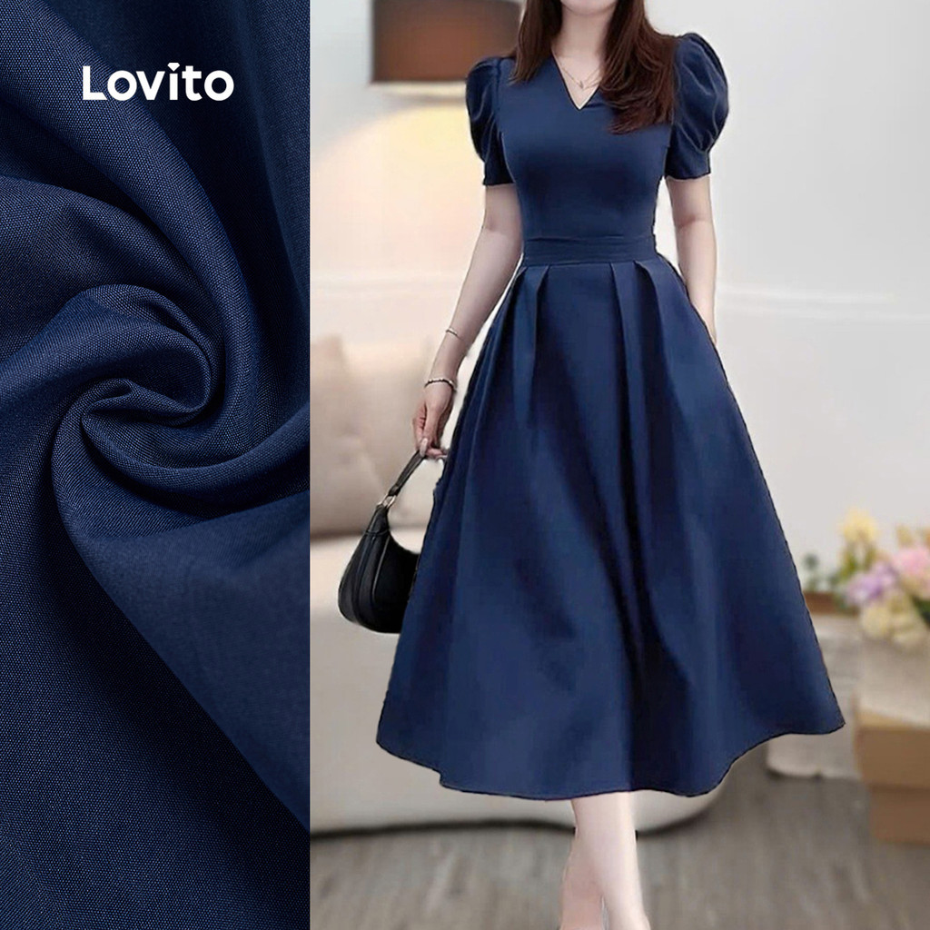 (สง่างาม) Lovito เดรสดีไซน์เรียบหรูเป็นพิเศษแบบพลีท สำหรับฤดูใบไม้ผลิและร้อน สีน้ำเงินทหาร สำหรับผู้หญิง L155ED1159