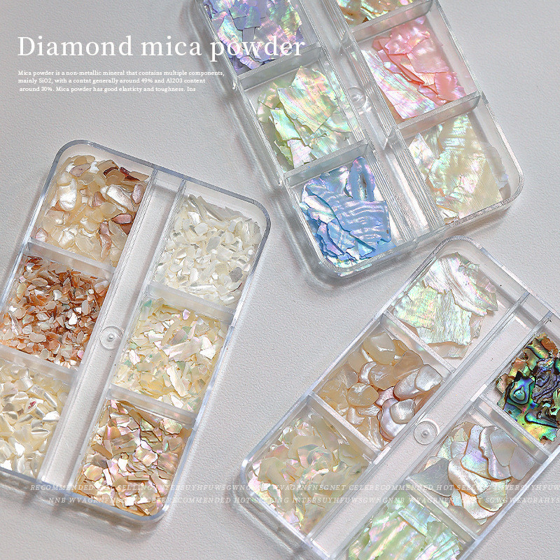 เปลือกหอยแท้ แบบบาง สีออโรร่า ตกแต่งเล็บเจล กล่อง6ช่อง อุปกรณ์ตกแต่งเล็บ เปลือกหอยแตก วิบวับ บางพิเศษ - NT nail - รูปที่ 2