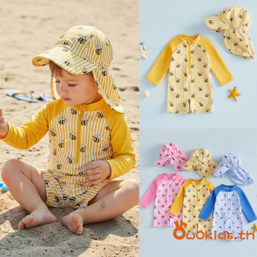 ชุดว่ายน้ำเด็ก Rash Guard แขนยาว พิมพ์ลาย.Zip up แบบสองชิ้น มีลวดลาย Bee, แตงโม และ Sailboat