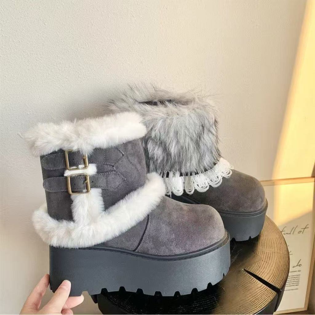 Retro สีขาวหนา Soled Plush หนาหิมะรองเท้าผู้หญิง 2025 ฤดูหนาว Warm Plush Birkenstock รองเท้าผ้าฝ้าย 