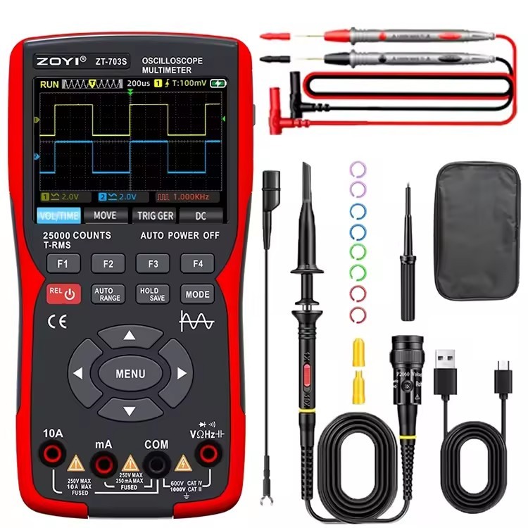 ในสต็อก ZT703S ซ่อมรถยนต์การวัดมัลติฟังก์ชั่นหน้าจอสี Oscilloscope มัลติมิเตอร์ 3-in-1 Digital Oscil