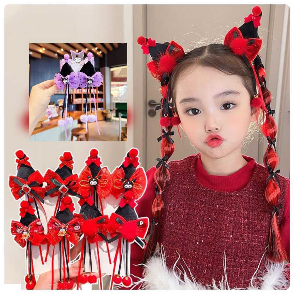MERAH (LOLI JKT) 109 2 ชิ้น กิ๊บติดผมตรุษจีน Kuromi ริบบิ้นสีแดง กิ๊บติดผม Kuromi กิ๊บติดผม Kuromi ก