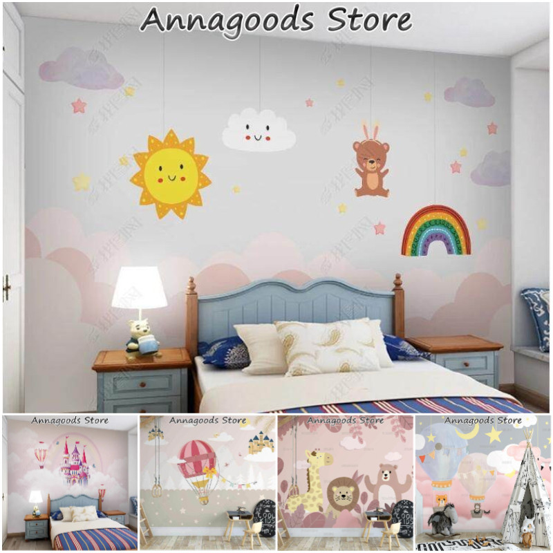 การ์ตูนที่กําหนดเอง Sun Clouds Hot Air บอลลูนภาพจิตรกรรมฝาผนัง Dreamy ปราสาทเด็กวอลล์เปเปอร์ห้องเด็ก