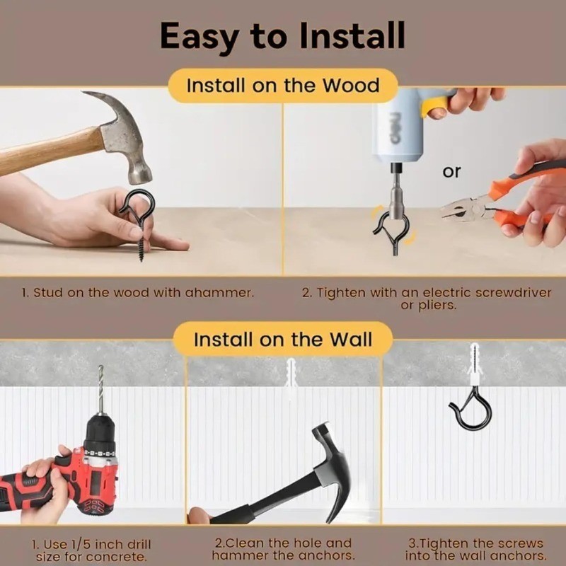 10/20/30 ชุดตะขอสกรู | กันลม รักษาความปลอดภัยสลักสําหรับแขวนชาวไร่,ไฟสตริง,ลมตีระฆัง | ตะขอเหล็กใช้ในบ้านกลางแจ้งในร่ม - รูปที่ 4