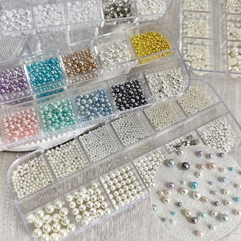 DSTH 12 กริด/กล่อง ลูกปัดเล็บครึ่งรอบ Pearl อัญมณี Charms คาเวียร์ DIY ตกแต่งเล็บ