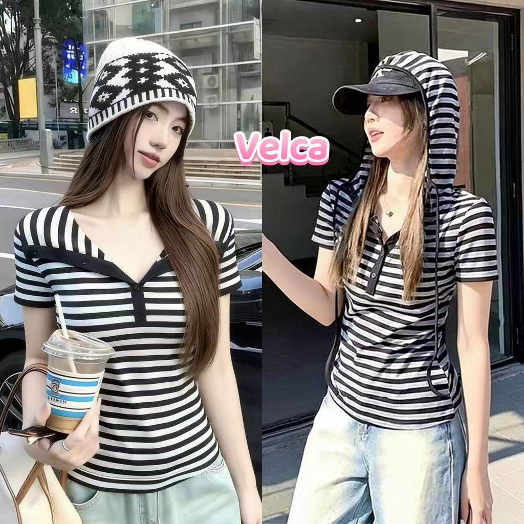 ส่งไวจากไทย ลายทาง มีฮู้ด เสื้อยืดผู้หญิง 2สี สําหรับสตรี ลําลอง🎀Lalita