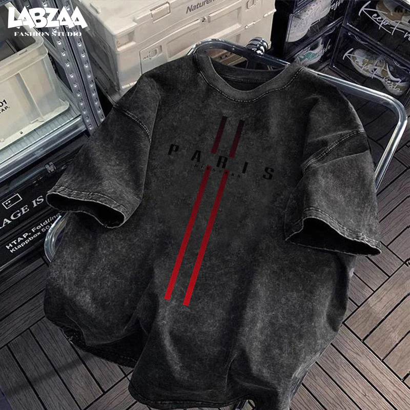 LABZAA เสื้อยืดแขนสั้นคอกลม🔥วินเทจฟอกน้ำ Oversized ลวดลายแฟชั่น ระบายอากาศ ผ้าฝ้าย 100% YG2770