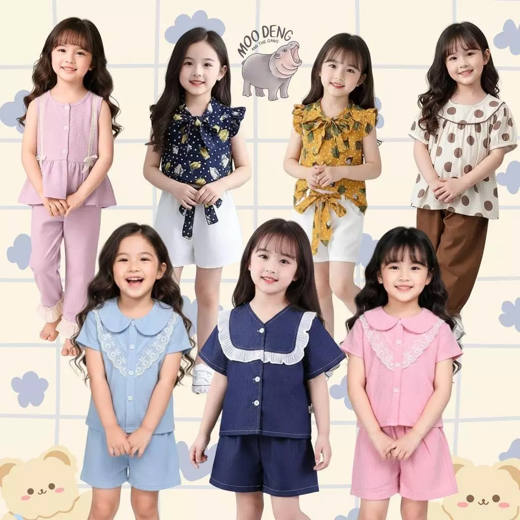 MooDeng Baby ชุดเสื้อผ้าเด็กหญิงแขนสั้น ชุดเช็ตเสื้อ+กางเกง น่ารักๆสำหรับเด็กหญิง ผ้ายฝ้าย ใส่สะบาย