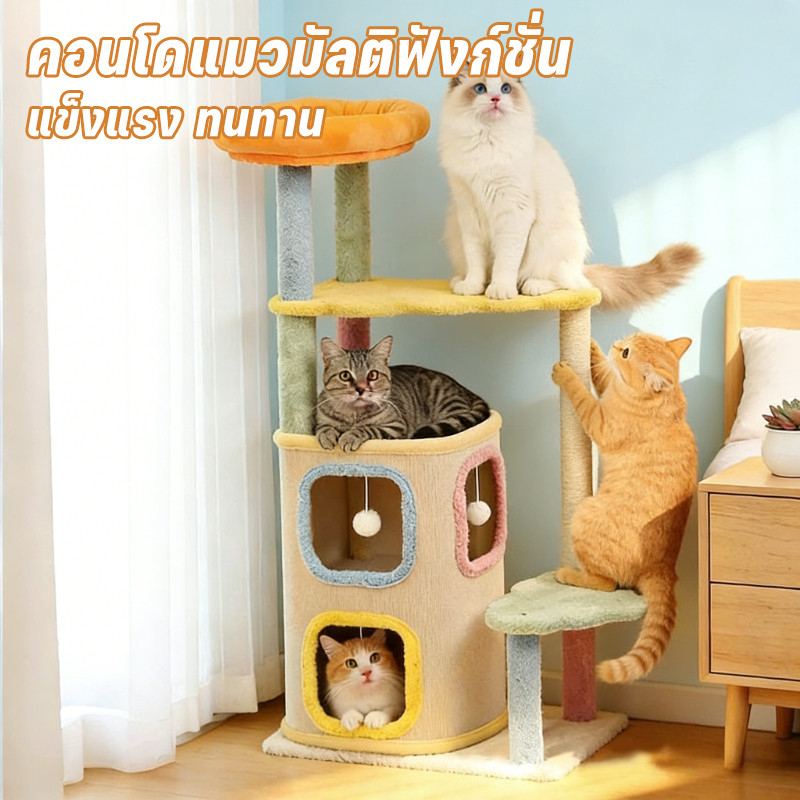 คอนโดแมวอบอุ่น คอนโดแมวมัลติฟังก์ชั่น ลับเล็บแมว แข็งแรง ทนทาน บ้านแมว+ที่นอน+ของเล่น การจับคู่สีน่ารัก