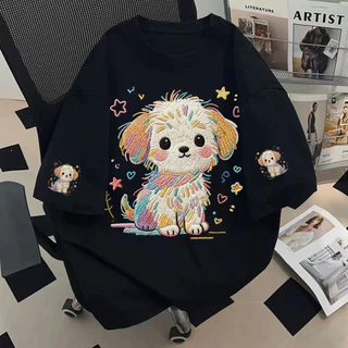 TEE·SHOP🍀เสื้อยืด oversize เสื้อเท่ๆ เกาหลี "2026 Colorful dog"เสื้อแฟชั่นใ เกาหลีสไตล์ พิมพ์ลาย ผ้านิ่มใส่สบาย COD📦