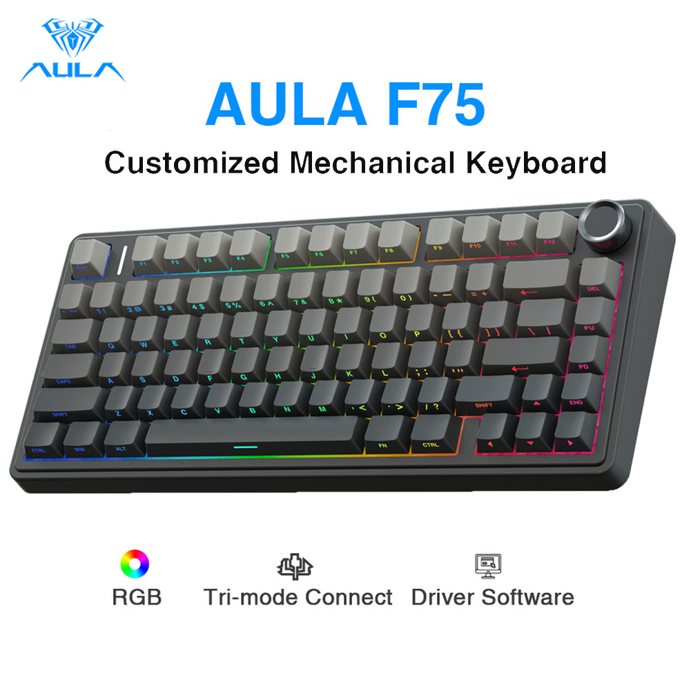 AULA F75 คีย์บอร์ดแบบกลไกคีย์บอร์ดเกมแบบมีสาย 75% 80 คีย์ RGB คีย์บอร์ดแบบกลไกบลูทูธ 2.4G