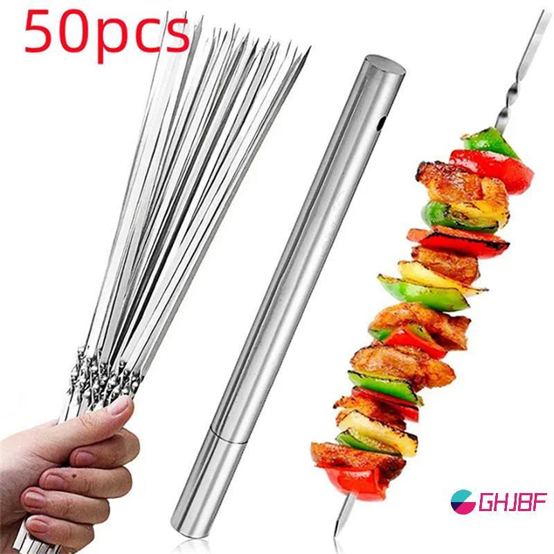 GHJBF] 50 ชิ้นสแตนเลสสตีลบาร์บีคิว Skewers Reusable BBQ Skewers Kebab Iron Sti สําหรับกลางแจ้ง Campi