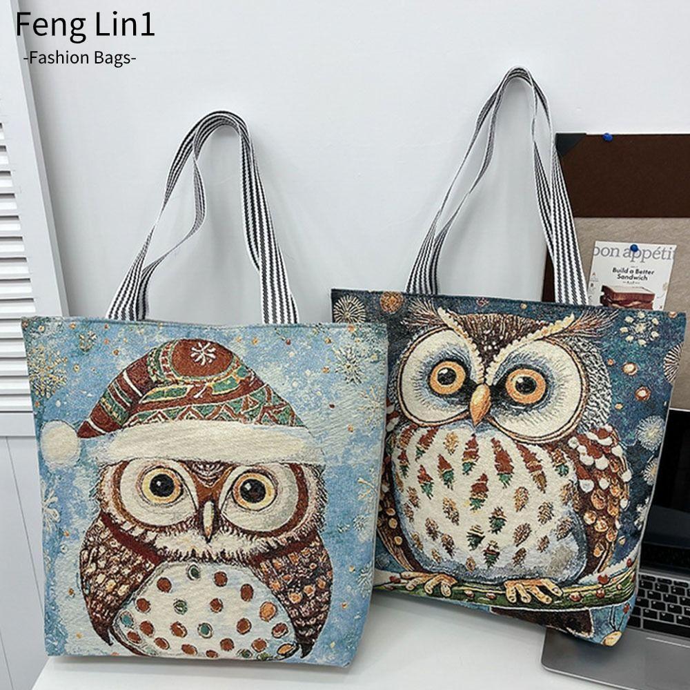 FLIN Tote Bag, กระเป๋าถือผู้หญิงพิมพ์นกฮูกสไตล์ชาติพันธุ์, ผ้าใบย้อนยุคกระเป๋าสะพายความจุขนาดใหญ่นักเรียน