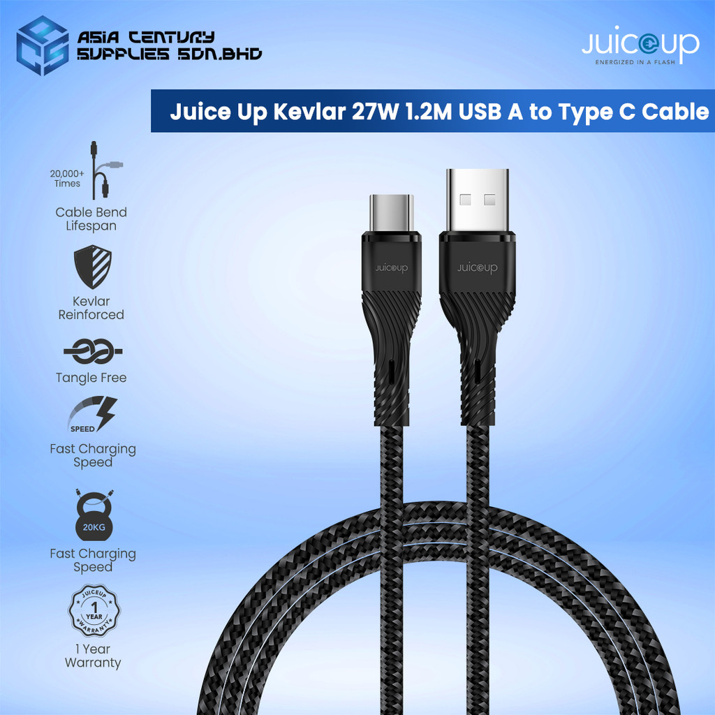 Juice Up Kevlar 27W 1.2M สาย USB A ถึง Type C ชาร์จเร็วแบบถักด้วยซิงค์ข้อมูลการออกแบบที่ทนทานใช้งานไ