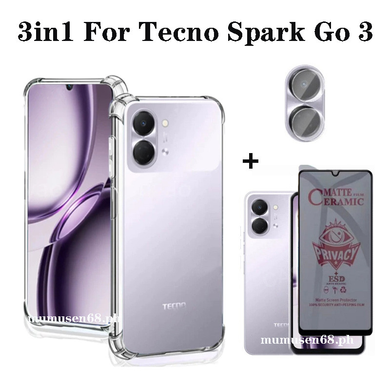 3IN1 Tecno Spark Go 3 กันกระแทกซิลิโคนอ่อนนุ่มโปร่งใสสําหรับ Tecno Spark Go2 GO1 1S anti-Privacy ฟิล