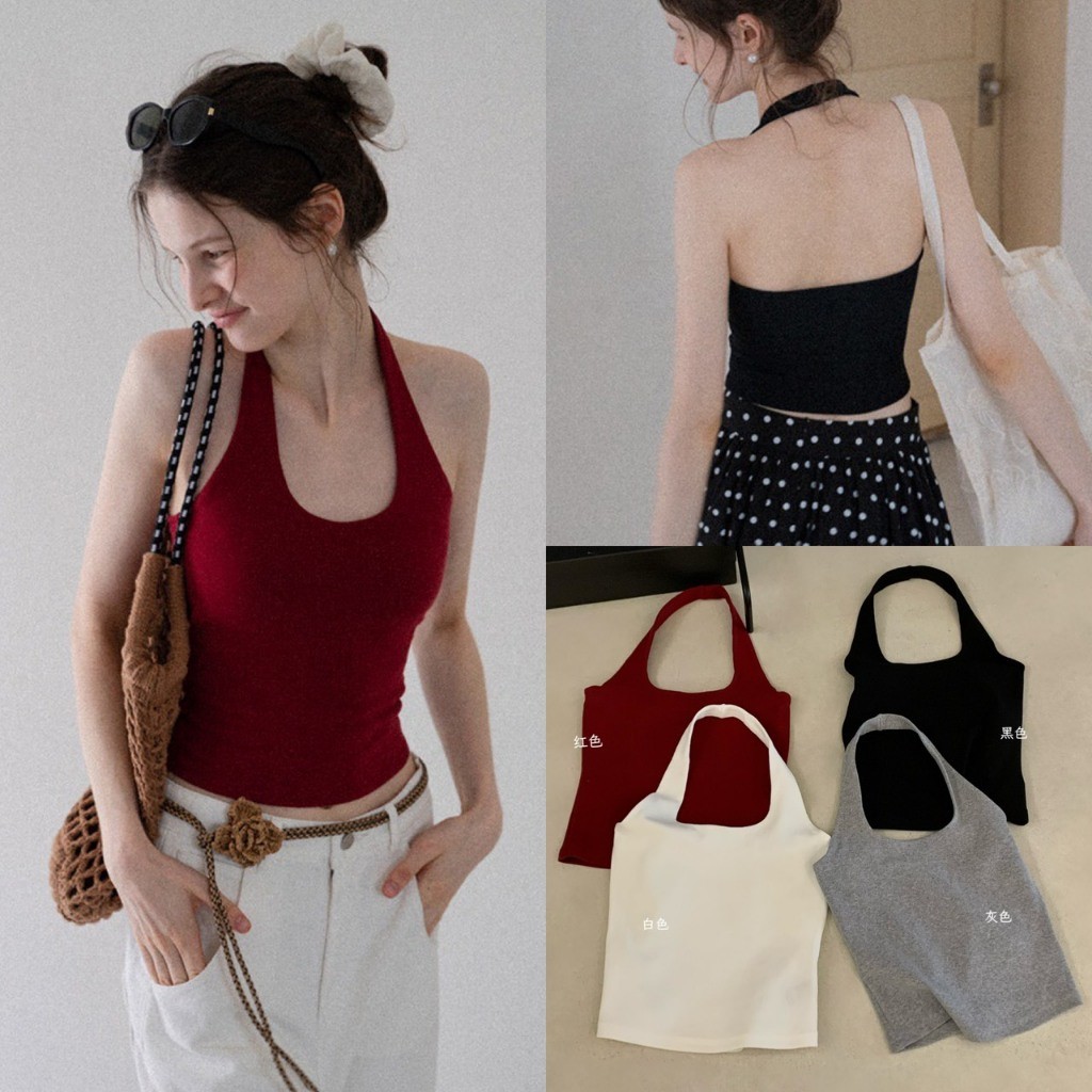 ❤ 🧵 🇰🇷 W8906 เสื้อกล้ามคล้องคอ ผ้ายืด ร่องเล็กทรง เบสิค ผ้าดีใส่สบาย สีสวยเก๋ แฟชั่นเกาหลี TAG WG.WE 🧵🧡