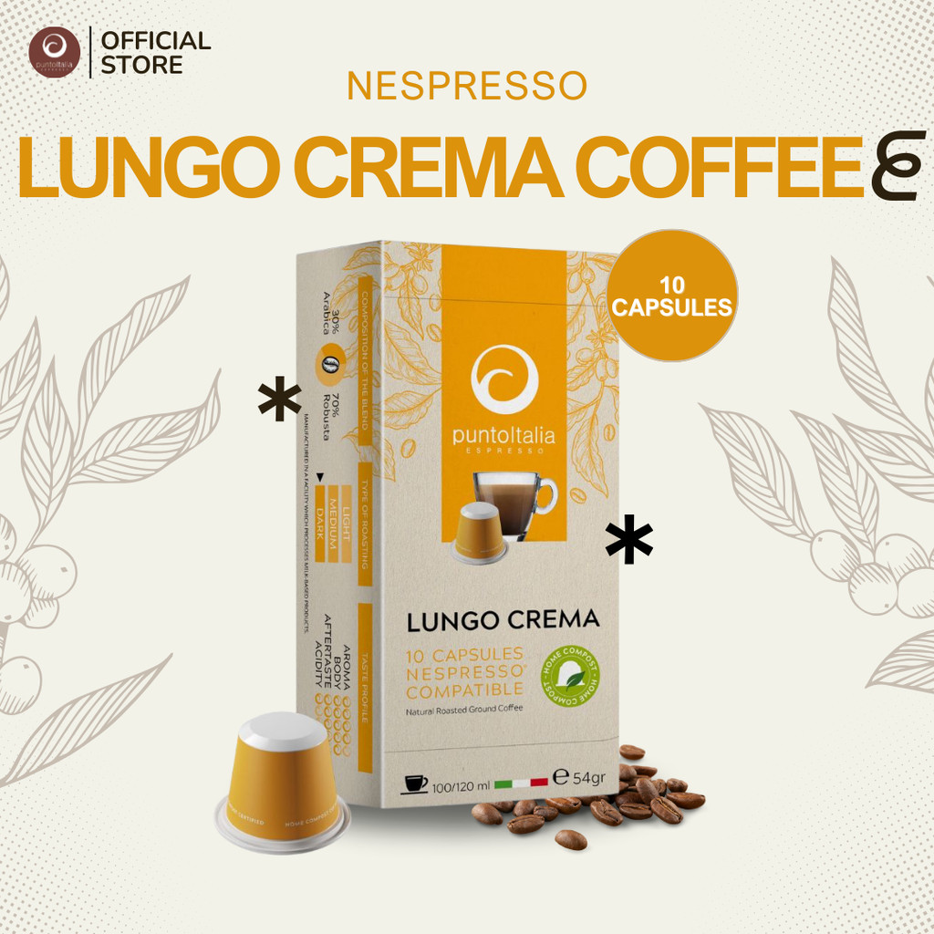 กาแฟแคปซูล LUNGO CREMA สำหรับเครื่อง Nespresso® (10 แคปซูล) (PUNTO ITALIA ESPRESSO BRAND)