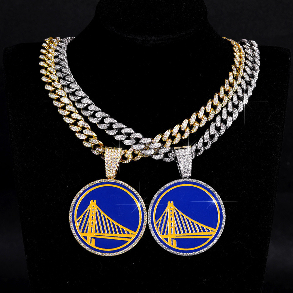 แฟชั่นที่ไม่ซ้ํากัน Hip-Hop Full Rhinestone Cuban Chain สร้อยคอโลหะผสมเคลือบ NBA Warriors จี้