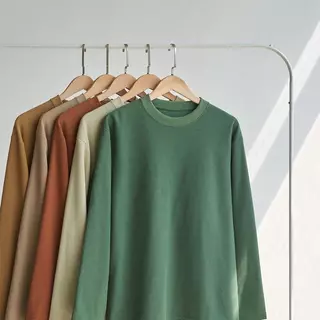 Chaistyle แขนยาวผู้ชาย วาฟเฟิล เสื้อคอกลม ชุดคู่รัก แบบหลวม แมทช์ลุคง่าย