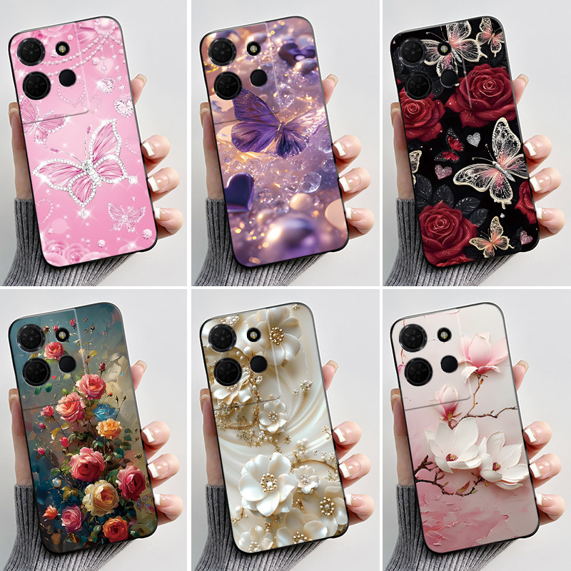 สําหรับ TCL 503 T442M กรณีหรูหราแฟชั่นผีเสื้อดอกไม้สีดําซิลิโคนนุ่ม TPU Jelly เคสโทรศัพท์สําหรับ TCL503 กันกระแทกกันชน
