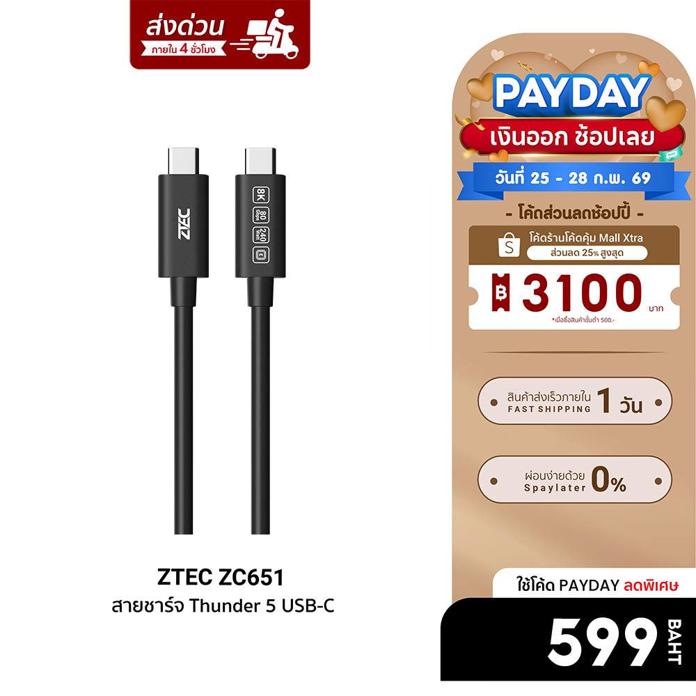 [ลดเหลือ 599] ZTEC Thunder 5 Cable ZC651 สายชาร์จ ส่งข้อมูล 80Gbps USB4 240W 8K/60Hz ยาว 1.5 m -2Y