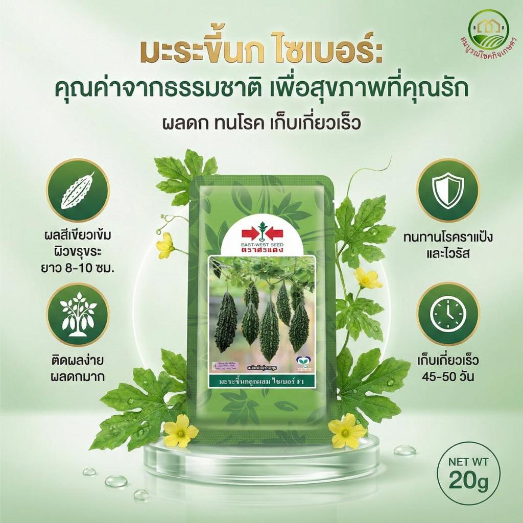 มะระขี้นกลูกผสม ไซเบอร์ F1 ตราศรแดง บรรจุ 20 กรัม ผลมีสีเขียวเข้ม ผิวขรุขระเล็กน้อย และมีความยาวประมาณ 8-10 ซม.