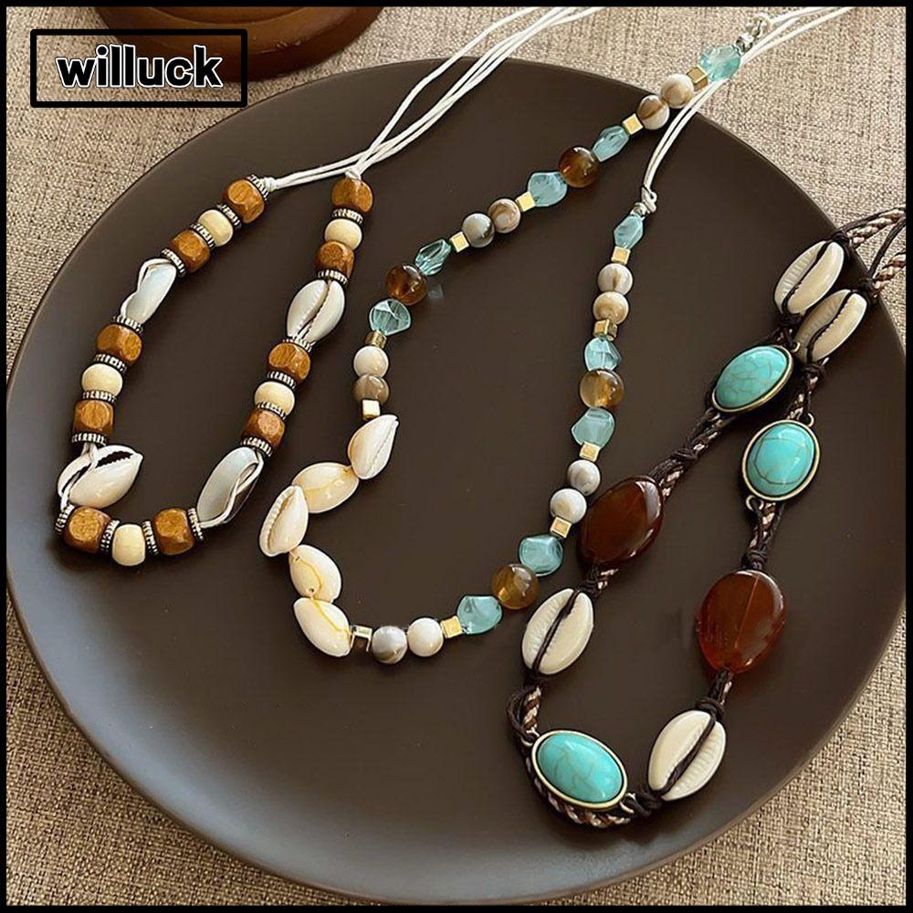 WILLUCK อุปกรณ์เสริมแฟชั่นสไตล์โบฮีเมียน: เข็มขัดถักและโซ่เอว ลวดลาย retro กับลูกปัดเปลือกหอยและดอกไม้ขนาดเล็ก