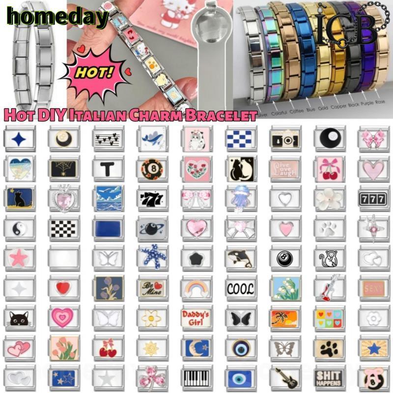 🔥Hot 100 สร้อยข้อมือสแตนเลสโมดูล 9 มม.สร้อยข้อมือ DIY เครื่องประดับจี้ Moon Star New Love Cherry Italian Charm
