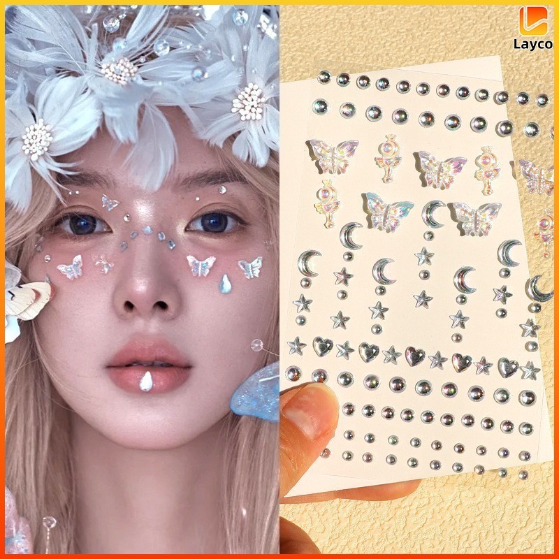 Layco สติกเกอร์ตาแม่ผีเสื้อ ดาว จันทร์ ไข่มุก ชุดเซ็ต สวยงาม ใช้สำหรับแต่งหน้า งานวันพิธี