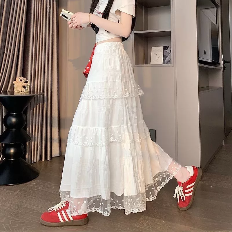 ชุดกระโปรงยาวสไตล์ฝรั่งเศส สีขาว ตัดเอวสูง พวงแก้มปุยหรูหรา สำหรับใส่ลำลอง