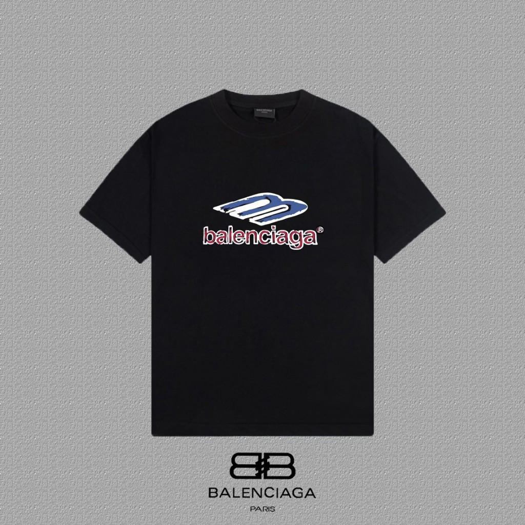 BALENCIAGA/BALENCIAGA คลาสสิกรอบคอแขนสั้นเสื้อยืดผู้ชายผู้หญิงฤดูใบไม้ผลิฤดูใบไม้ร่วง High-End ฤดูใบ