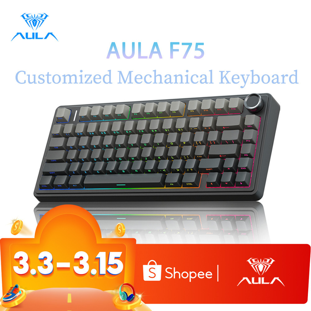 AULA F75 คีย์บอร์ดแบบกลไกคีย์บอร์ดเกมแบบมีสาย 75% 80 คีย์ RGB คีย์บอร์ดแบบกลไกบลูทูธ 2.4G