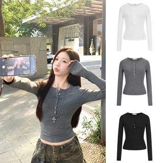 <Moses Queen> เสื้อยืดแขนยาวสไตล์อเมริกันสำหรับผู้หญิง ทรงเข้ารูป คอเหลี่ยม ติดกระดุม สั้น