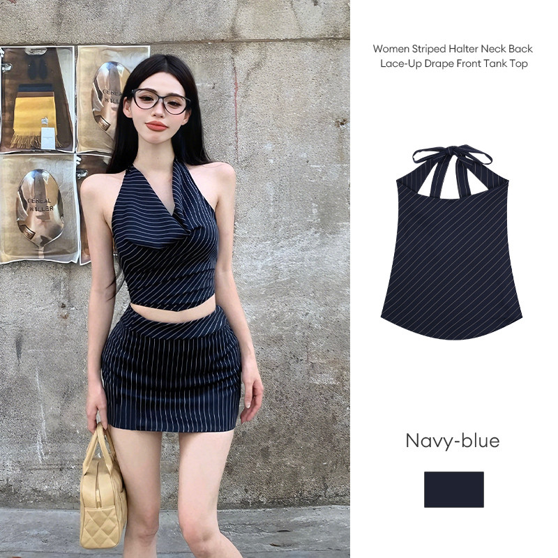 เสื้อกล้ามผู้หญิงลายทาง คอผูกด้านหลัง ทรงเข้ารูป เซ็กซี่ด้านหน้า JD