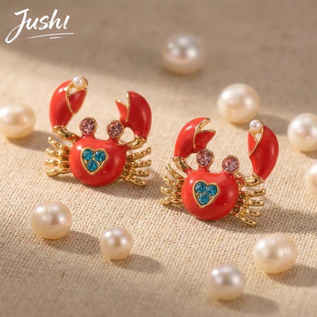 ต่างหูบอยโธ่ลายปูกุ้ง JUSHI สีแดง สำหรับฤดูร้อนและวันหยุด พร้อมแพ็กเกจเป็นของขวัญแฟชั่น