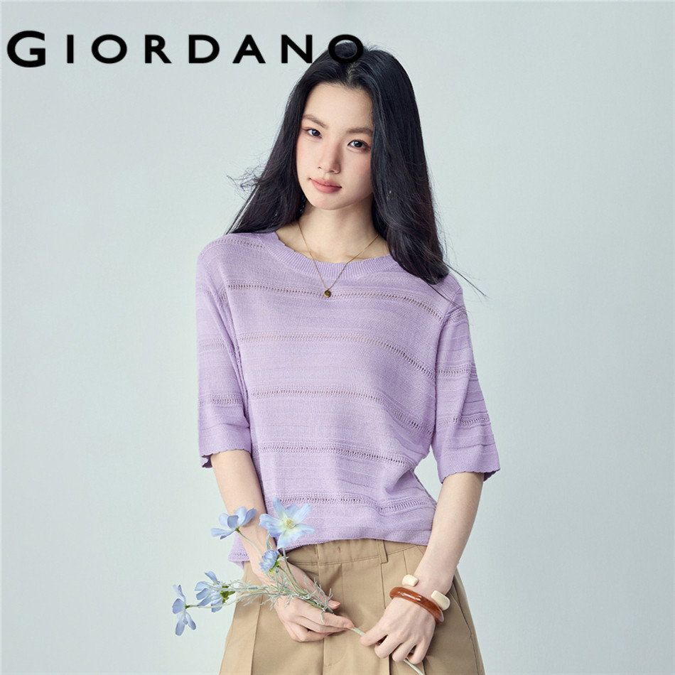 GIORDANO WOMEN Eyelet detail waved edge 1/2 sleeve sweater 13356247