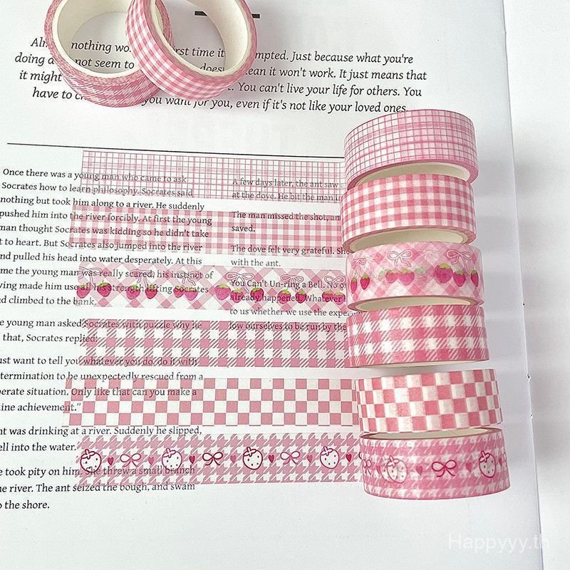 Simple Pink Strawberry Creative Handbook Tape Plaid Washi Tape Packing คู่มือนักเรียน diy Tape