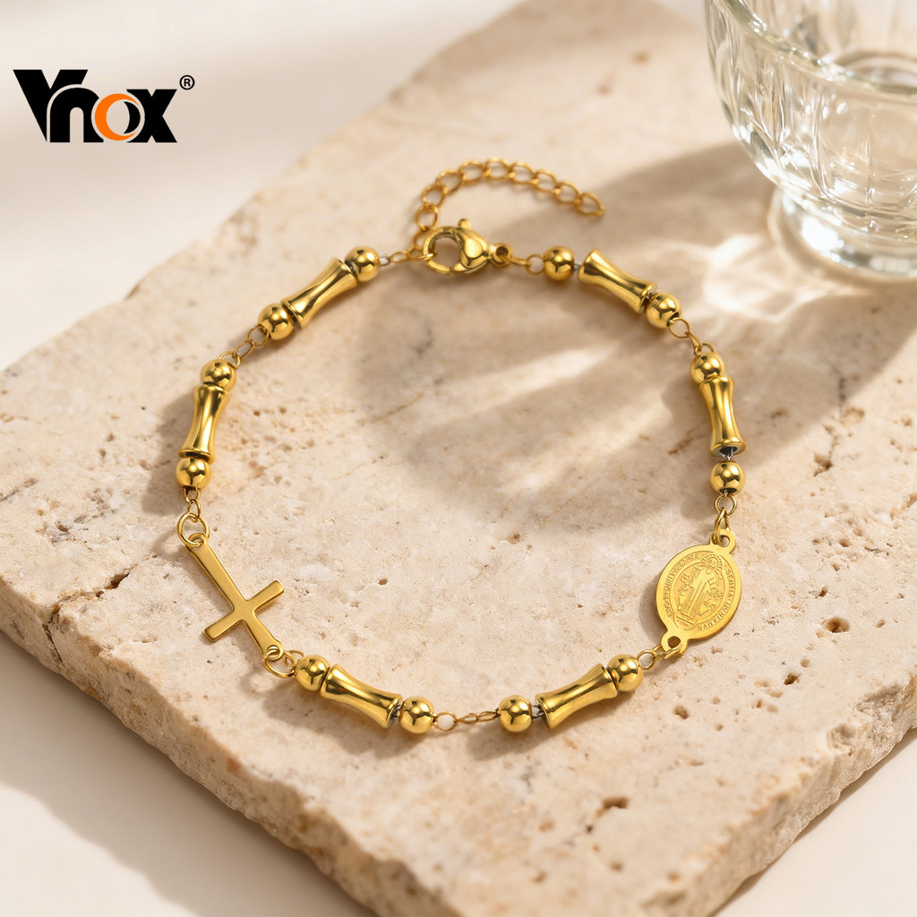 Vnox สร้อยข้อมือสแตนเลสสำหรับผู้หญิง ออกแบบด้วยลวดลายไม้ไผ่ ทนทานต่อการแพ้และไม่เปลี่ยนสี มีทั้งสัญลักษณ์ของเซนต์เบเนดิก