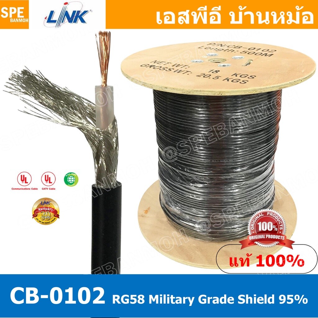 [ 2 เมตร ] CB-0102 RG58 C/U Cable, 95% Shield, Black Jacket MILITARY สาย RG58 ยี่ห้อ LINK สายโคแอกเช