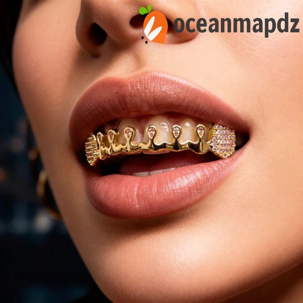 OCEANMAPDZ Hiphop ฟัน Grillz, หมวกฟัน Rhinestone ที่ถอดออกได้, แฟชั่น Punk Gold Silver สี Charm ฟัน 